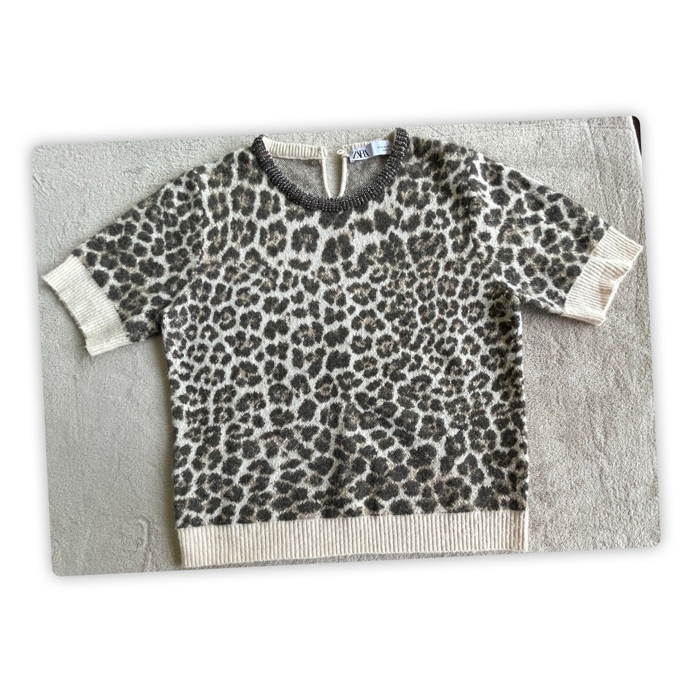 Zara Women's Leopard Print Sweater Top Beaded Neck Pullover Size M